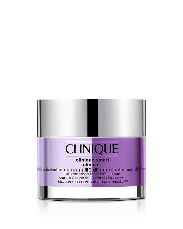 Clinique Smart Clinical™ MD Multi-Dimensional Age Transformer Duo Resculpt + Revolumise, Two innovative moisturisers, one jar. Resculpts, volumises, and reshapes.